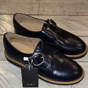 Zara: Womens Y2K Royal Blue Chic Leather Loafers with Buckle